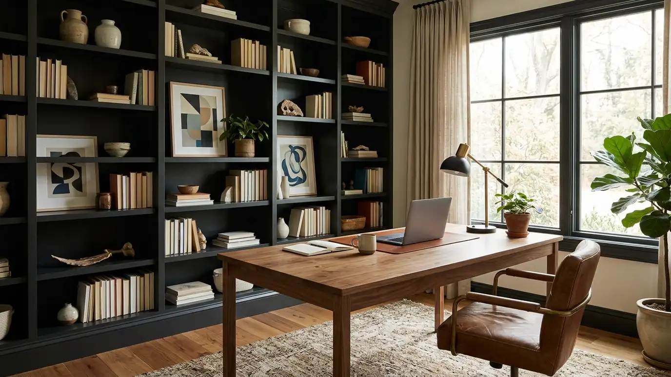 A stylish home office with a wood desk, built-in shelving, a leather chair, a task lamp and a window view