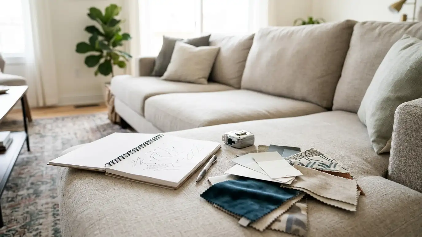 A living room with a notepad, a tape measure and sample swatches on the sofa ready for a consultation
