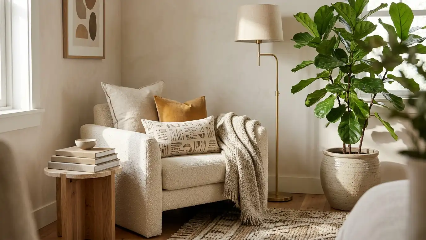 A beautifully decorated living room corner with layered pillows, a throw blanket, a floor lamp, a plant and a stack of books