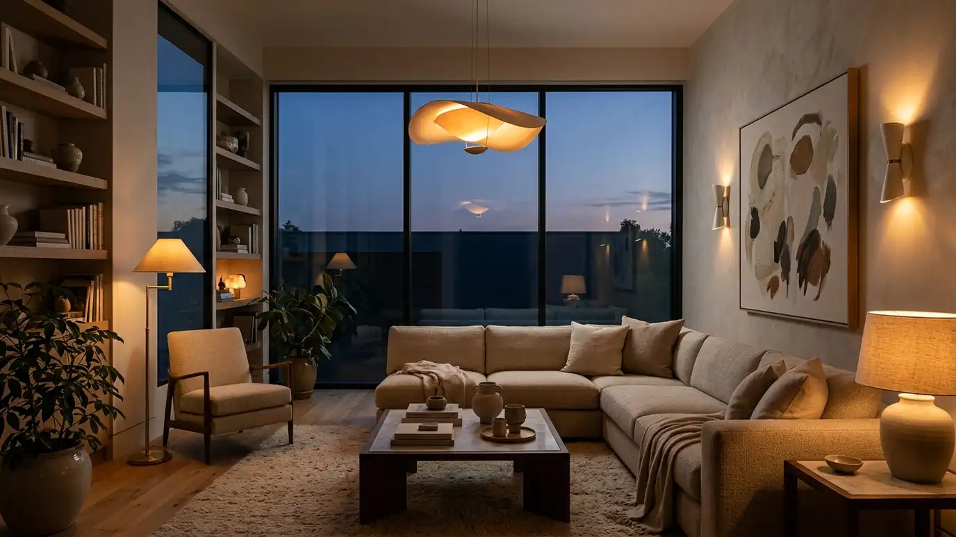 A living room with layered lighting: a pendant, floor lamp, table lamp and wall sconces glowing warmly at dusk
