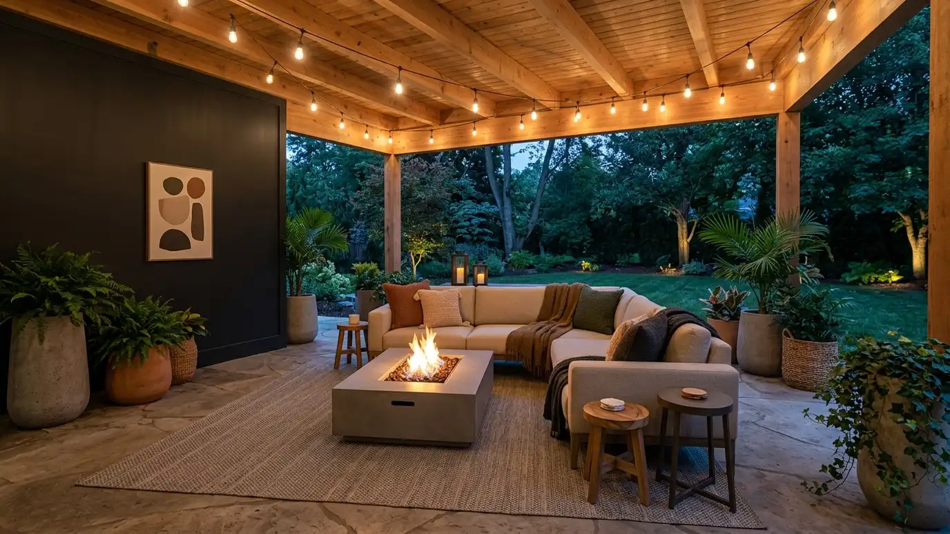 A covered patio designed as an outdoor living room with a sofa, a fire table, string lights and planters at dusk