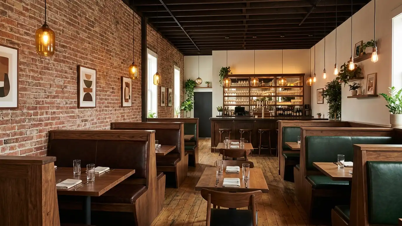 A warm restaurant dining room with booths, pendant lights, a brick wall and a bar in the back
